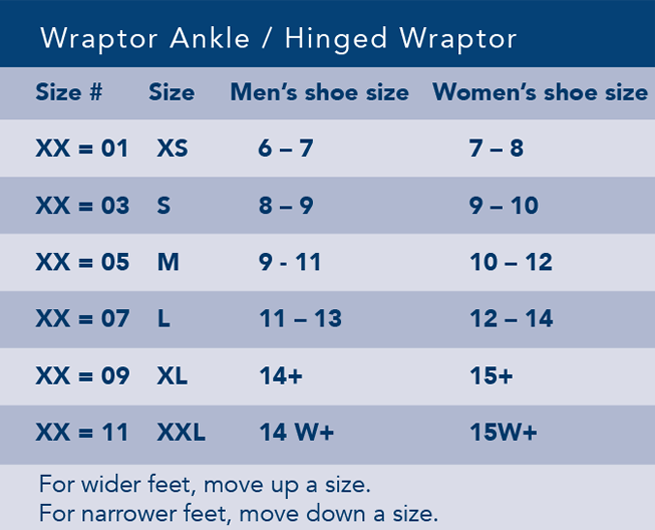 Size Chart  Wraptor Ankle  Hinged Raptor