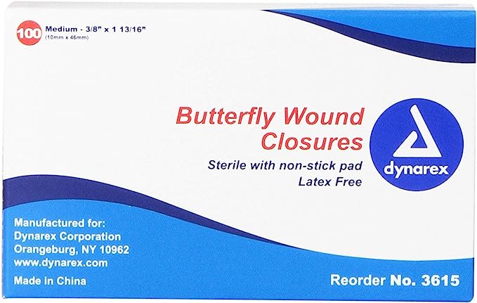 Dynarex Adhesive Bandage, Butterfly Fab, Medium, 3/8 Inches x 1 13/16 Inches Sterile, 100 Count